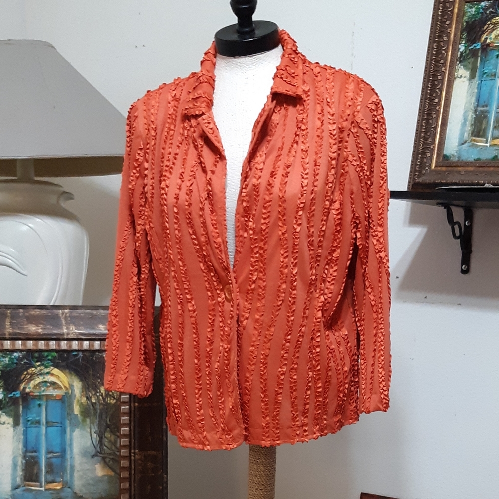 Womens Orange Top blouse size XL TONI MORGAN Long Sleeve Ripple Harvest top b61